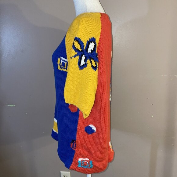 Vtg Marisa Christina Floral Hand Knit Sweater Whimsy Granny Retro Colorblock Lrg - Picture 5 of 8